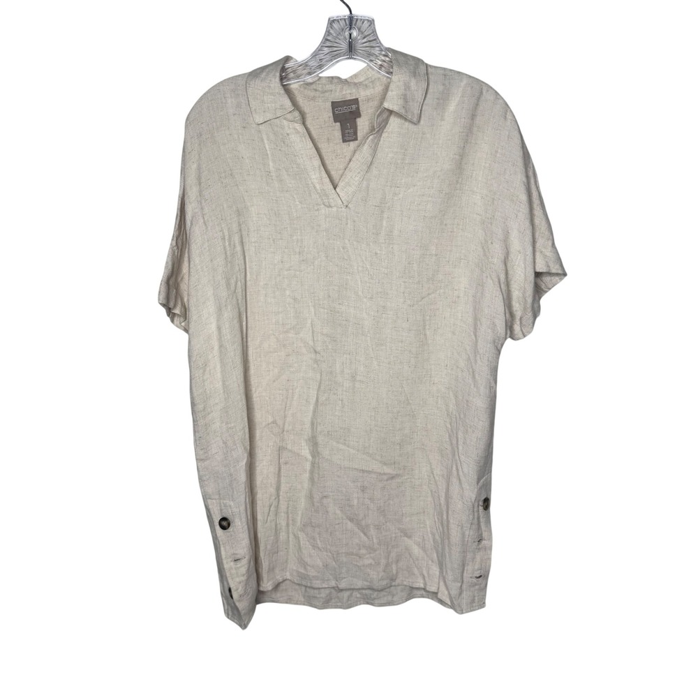 Chicos‎ Linen Blend Collared Short Sleeve Top Beige Size 1(M)